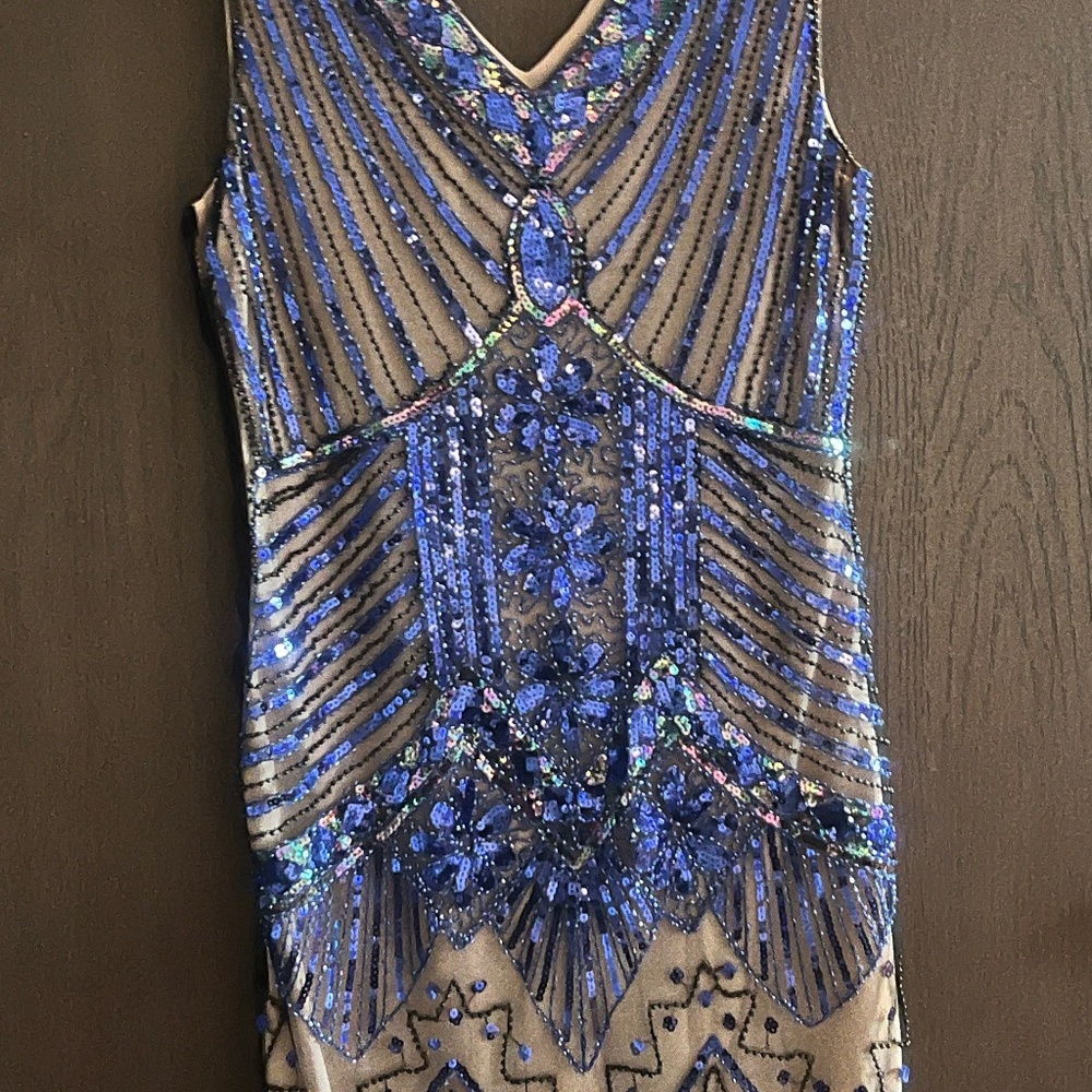 Blue and Gold Roaring 20’s Dress w/accessories